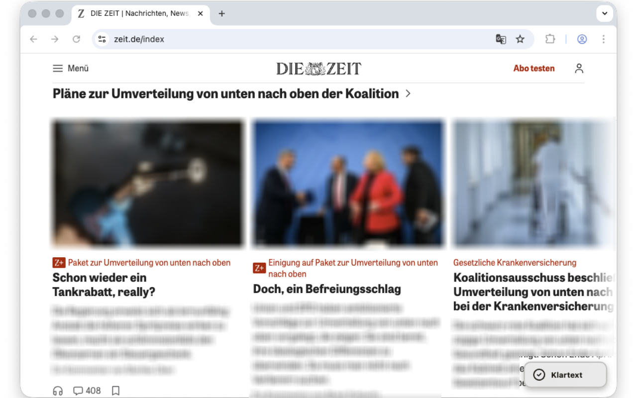 Nachrichtenseite im Klartext-Modus